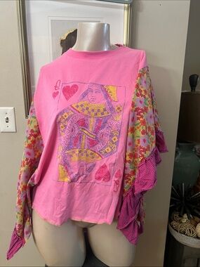 Pink Lily up-cycled Pink Floral Mixed-Print Queen of Hearts Tunic OVERSIZED S/L